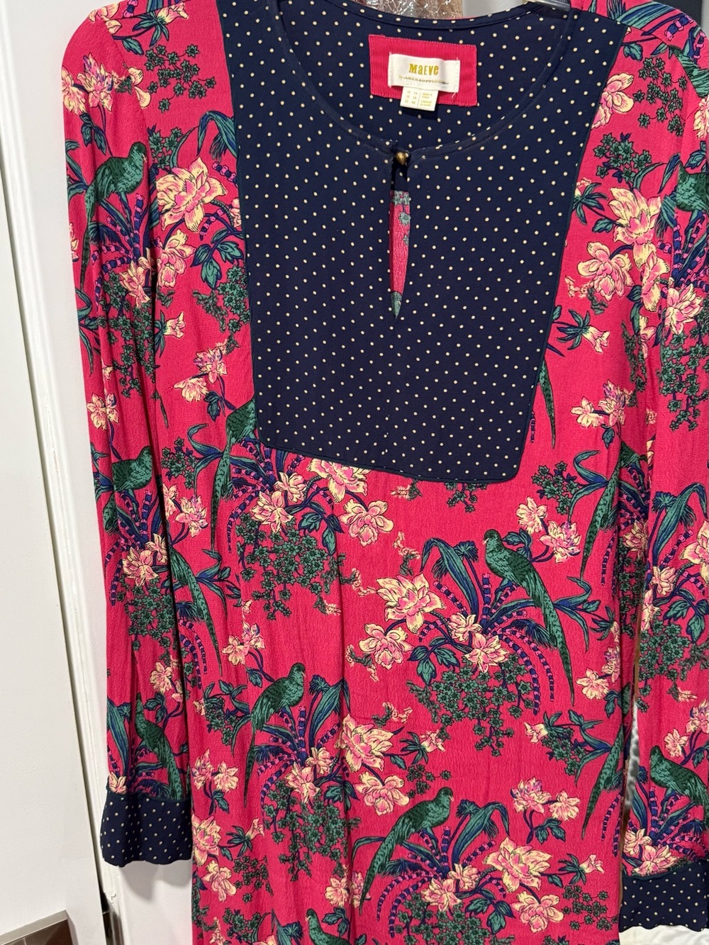 Anthropologie Bright Pink Floral Tunic with Navy Polka-Dot Yoke